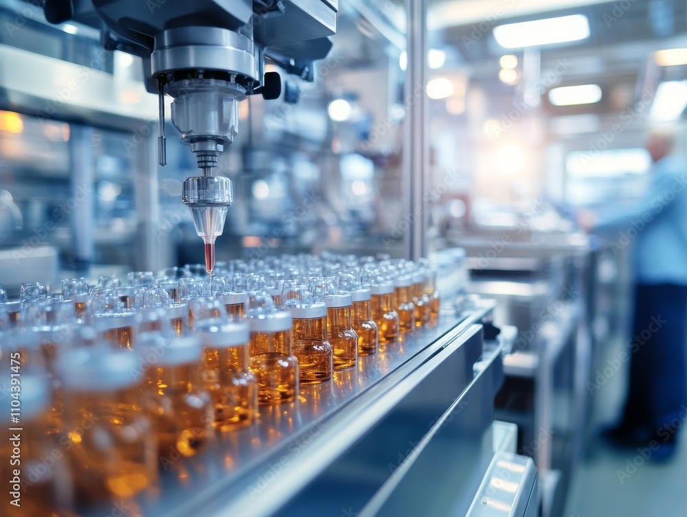Poster precision nozzles fill rows of glass bottles with a clear liquid in a highly automated pharmaceutica