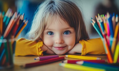 The image depicts a cheerful and wide-eyed child sitting with colored pencils, showcasing a joyful and creative moment filled with imagination and potential for learning