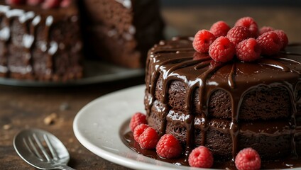 Chocolate cake with raspberries and chocolate drizzle.