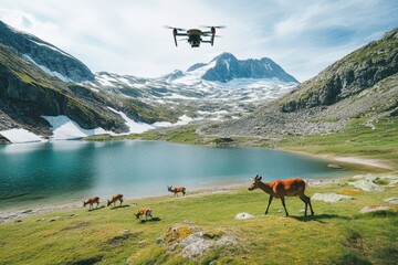 A drone flies over a tranquil lake surrounded by mountains. Deer roam freely on the grassy shore. Nature and technology blend beautifully in this picturesque scene.