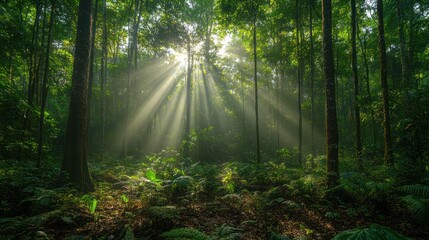 Obraz premium Sunbeams pierce through dense rainforest canopy, illuminating lush green foliage and forest floor.