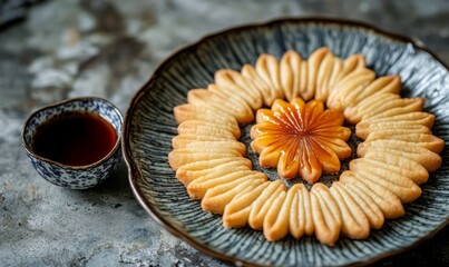 Traditionally styled Korean yakgwa cookies are beautifully arranged in a circular pattern on a ceramic plate, complemented by a side dish of dipping syrup, creating a delightful visual
