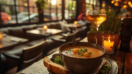 Fototapeta premium A bowl of soup is on a table in a restaurant