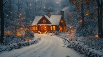 Cozy snow-covered cabin with warm lights at night.