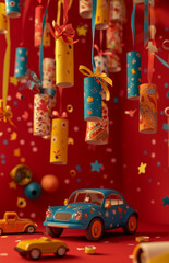 Fototapeta premium A colorful display of toilet paper rolls with ribbons, glasses, and a toy car on a red wall creates a cute and whimsical aesthetic.
