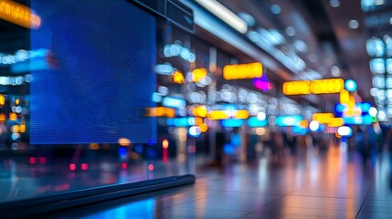 travel restrictions borders concept. A blurred airport scene featuring illuminated signs and a vibrant atmosphere, showcasing travel and movement.