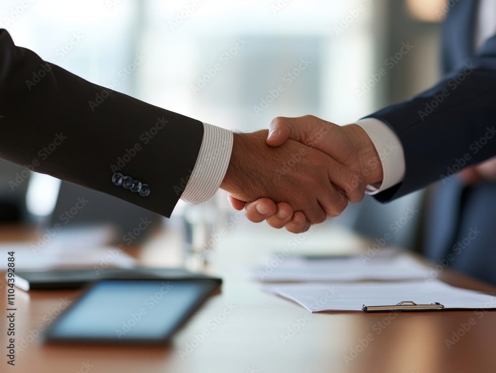 Poster two business executives shake hands over a conference table, symbolizing the completion of a deal. d