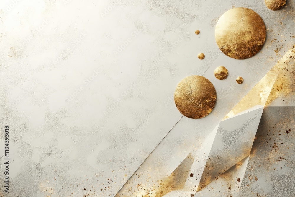 Poster abstract design featuring gold circles and geometric shapes on a textured background.