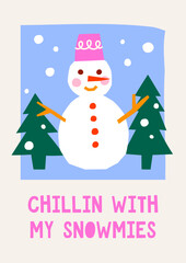 Cute cutout style Christmas card vector template. Hand drawn abstract holidays illustration print with snowman
