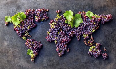 World map made of grapes. Creative flat lay, wine and world winery concept. Wine production all over the world, wine countries.