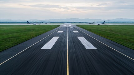 travel restrictions borders concept. A scenic view of an airport runway stretching into the distance, framed by lush green grass and aircraft in the background under a cloudy sky.