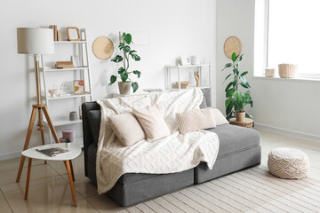 Cozy sofa in interior of living room