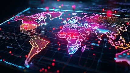 travel restrictions borders concept. A vibrant digital world map with glowing lines and nodes, representing data and connectivity in a modern, tech-inspired design.