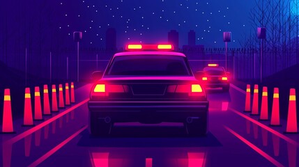 travel restrictions borders concept. A vibrant digital scene featuring police cars with flashing lights on a dark, moody street, surrounded by traffic cones under a starry sky.
