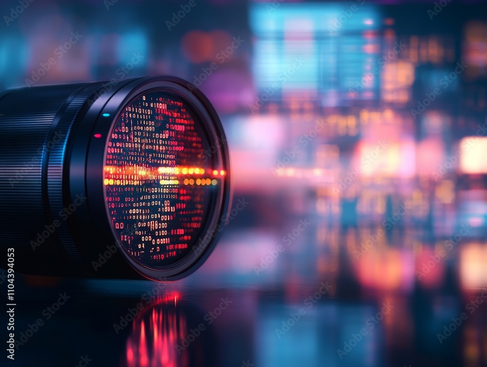 Leinwandbilder A detailed view of a surveillance camera lens showcases glowing binary code reflecting on its surface. The blurred background reveals hints of digital screens, enhancing the technological atmosphere