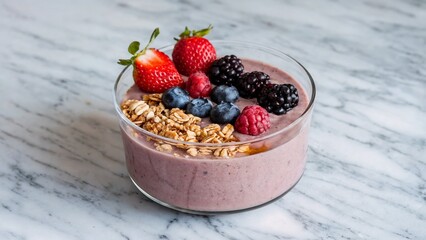 A smoothie bowl with berries and granola in a glass bowl on a marble surface