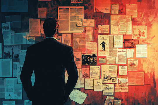Illustration of paranoia conspiracy wall, a conspiracy theorist's investigative board, obsessive and irrational thoughts.