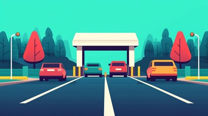 travel restrictions borders concept. A colorful illustration depicting cars waiting at a toll booth surrounded by stylized trees and a clear blue sky.