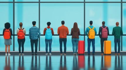 travel restrictions borders concept. travel restrictions borders concept. A group of diverse travelers stands in an airport, gazing out of a large window, with colorful luggage and backpacks.