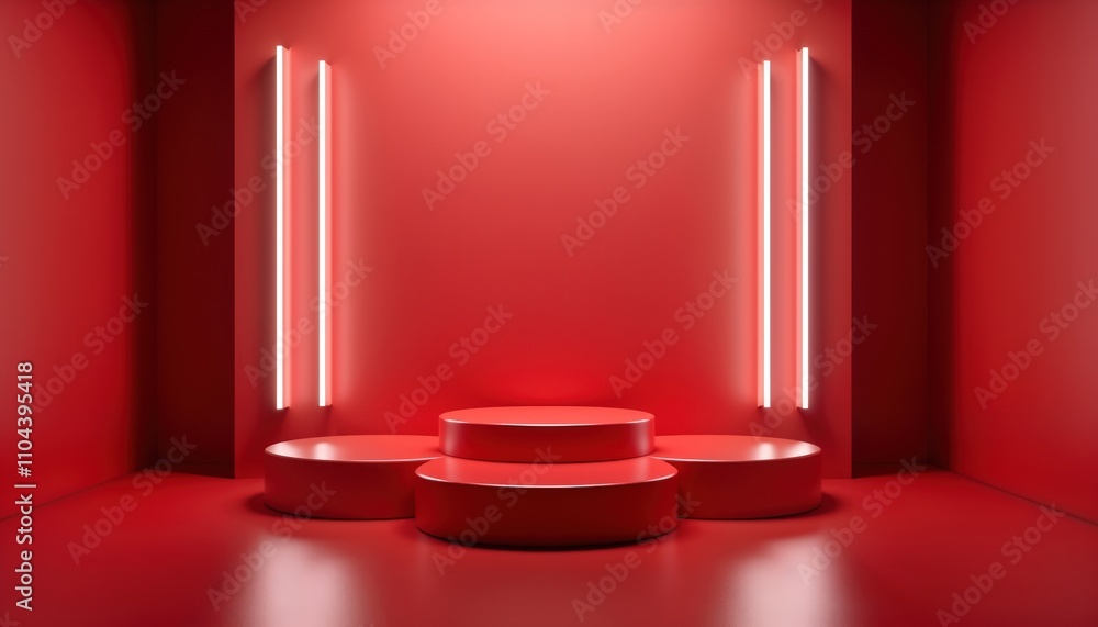 Aufkleber Modern empty display platforms, stages with red cylinder podiums in red room. Neon lights highlight interior design. Product presentation mockup. Stylish minimalist scene for goods. Ideal for