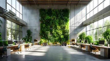 A large office space with a green wall and plants