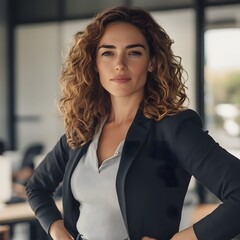 A woman in her 30s, wearing business casual attire, standing confidently with her hands on her hips in an office.