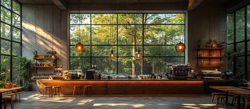 Sunlit modern cafe interior with large windows overlooking a lush green landscape, wooden bar and minimalist furniture.