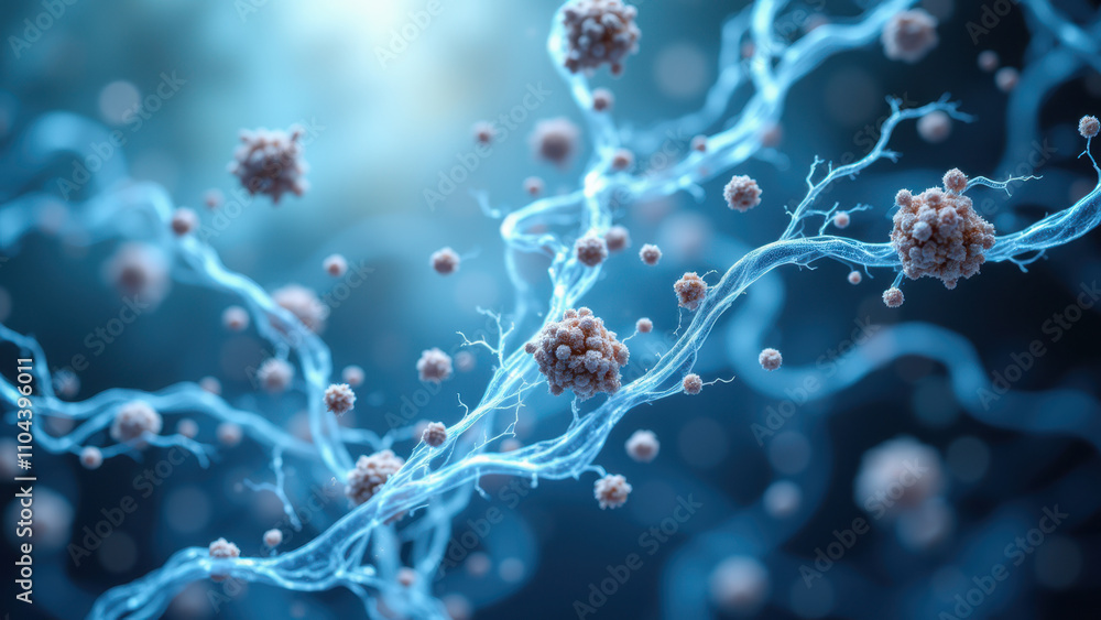 Aufkleber image shows a microscopic view of cells with a focus on semaglutide particles interacting within the