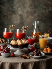Christmas dessert table with drinks.