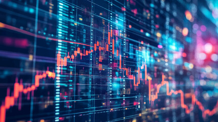 A chart of stock market crypto candlesticks on a dark blue background. A chart with purple blue neon candlesticks. Analysis of investment trading in the field of cryptocurrencies