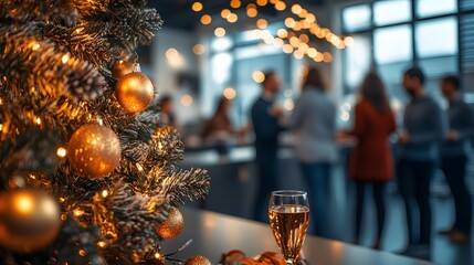 Festively decorated office with employees socializing at the corporate end-of-year, Christmas and New Year party.