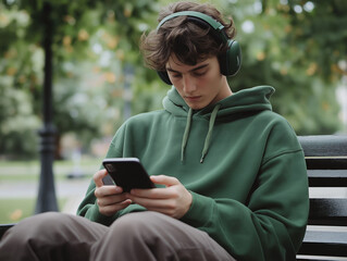 Junger Mann hört Musik im Park


