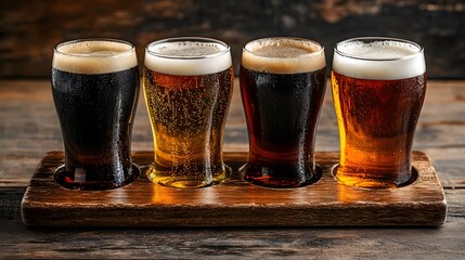 Four different beer glasses on a wooden tray, on a table, during a tasting session.
