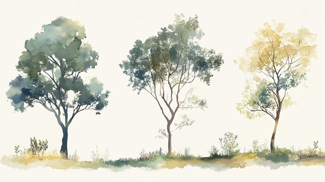 Tree watercolor, Side view green painting, set of graphics trees elements outline symbol for architecture and landscape design drawing. Vector illustration in stroke fill . Tropical, oak, maple.