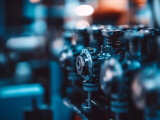 Fototapeta premium Close-up view showcases the delicate intricacies of silver metallic engine gears and mechanical parts set against a dark background, highlighting their engineering beauty