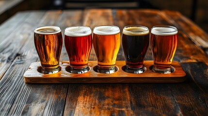 Five different beer glasses on a wooden tray, on a table, during a tasting session.