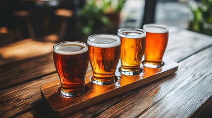 Four different beer glasses on a wooden tray, on a table, during a tasting session.