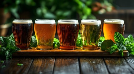 Five different beer glasses on a wooden tray, on a table, during a tasting session.