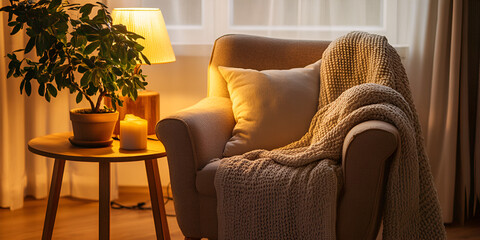 Obraz premium Inviting Cozy Corner with Blue Sofa and Warm Lamp