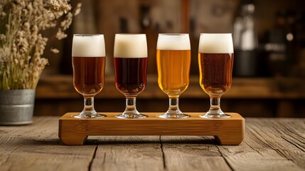 Four different beer glasses on a wooden tray, on a table, during a tasting session.