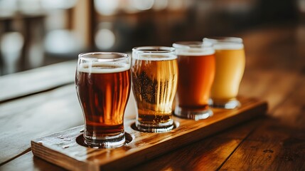 Four different beer glasses on a wooden tray, on a table, during a tasting session.