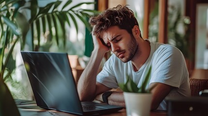Sad man in front of computer sitting on a chair at home.