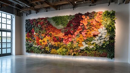 Vibrant wall art installation of various plants and flowers.