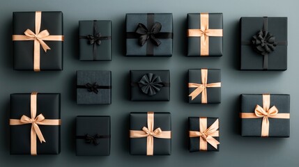 Obraz premium A collection of neatly arranged black gift boxes adorned with gold and black ribbons against a dark background.