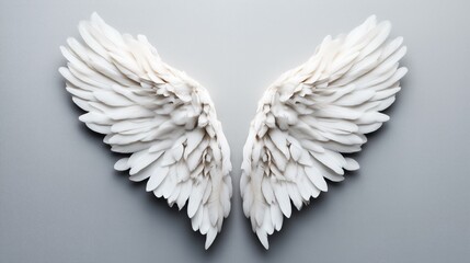 Symmetrical pair of large white angel wings with detailed feathers spread out against a plain gray background in a minimalist composition.