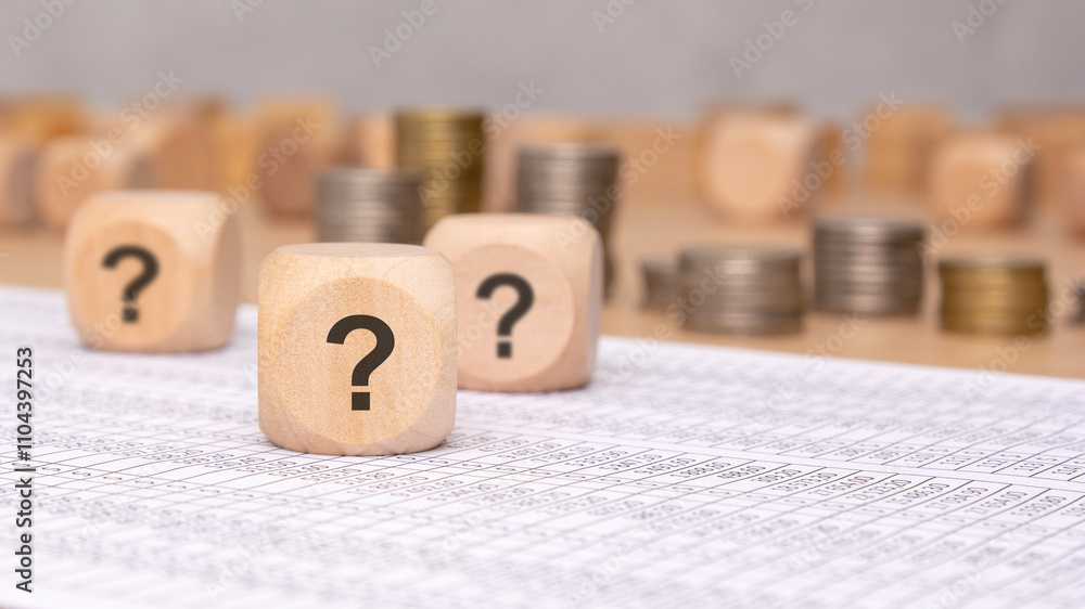 Poster engaging in an exploration of various financial questions using wooden dice and coins as tools