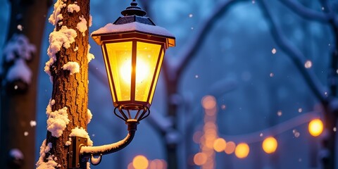 Snowy streetlamp glows warmly in winter twilight