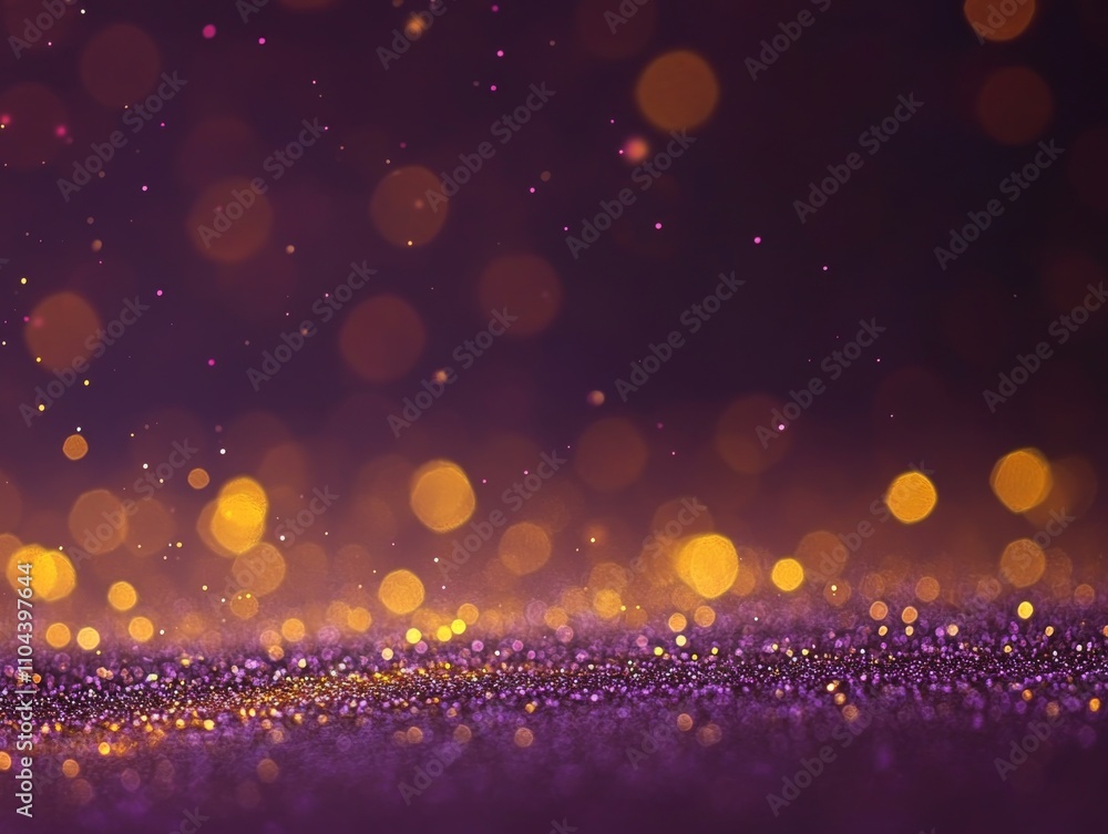 Poster A delicate background features a blend of soft purple and sparkling gold glitter, creating a dreamy bokeh effect ideal for luxurious design projects or special events