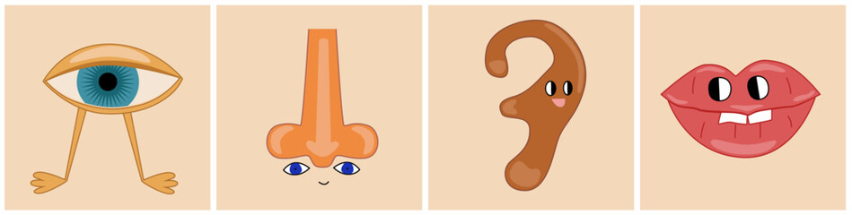 Different parts of human face. Abstract eye, ear, mouth and nose. Educational pictures for kids. Flat isolated vector illustration