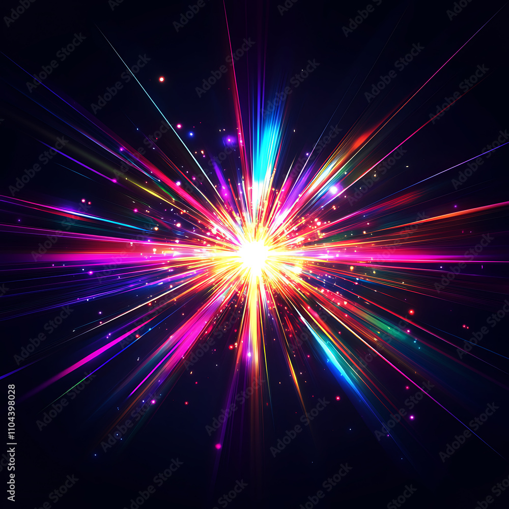 Fototapete Vibrant Burst of Color Radiating from a Central Point. A dynamic image showcasing a vibrant explosion of multicolored rays radiating outward from a central white point.
